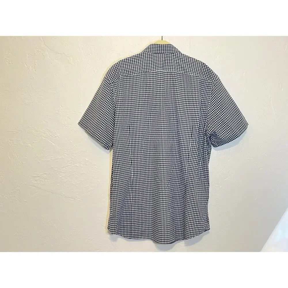 Banana Republic Mens Slim Fit Gingham Short Sleeve Button Down Shirt Navy Blue L